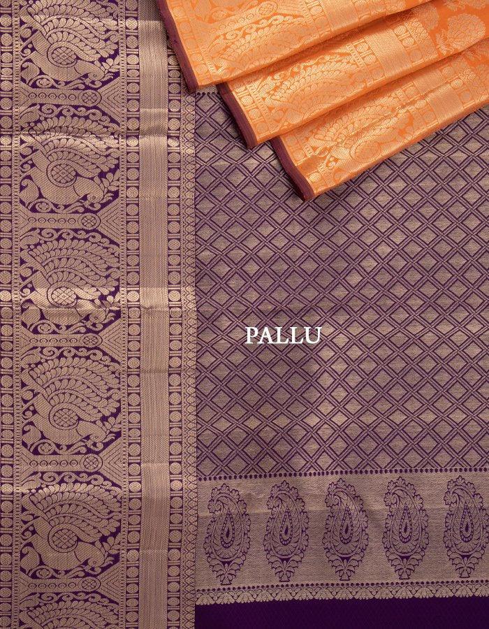 Peach Brocade Silk Saree With Silver Zari Work - Kumaran Silks