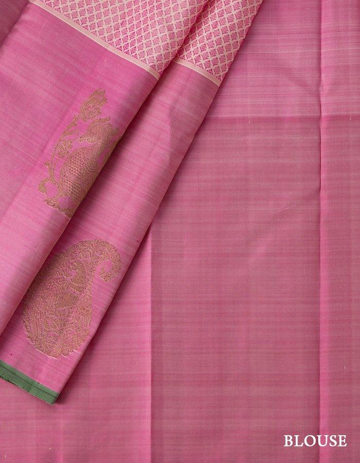 Pink And White Thread Woven Silk Saree With Long Pink Border - Kumaran Silks