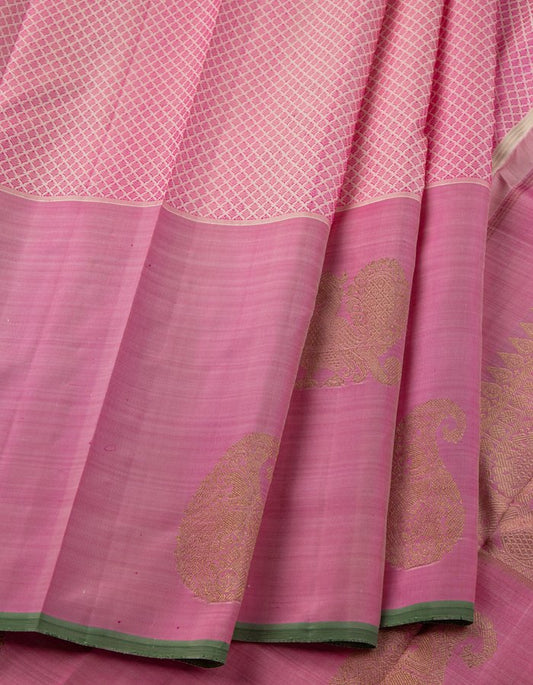 Pink And White Thread Woven Silk Saree With Long Pink Border - Kumaran Silks