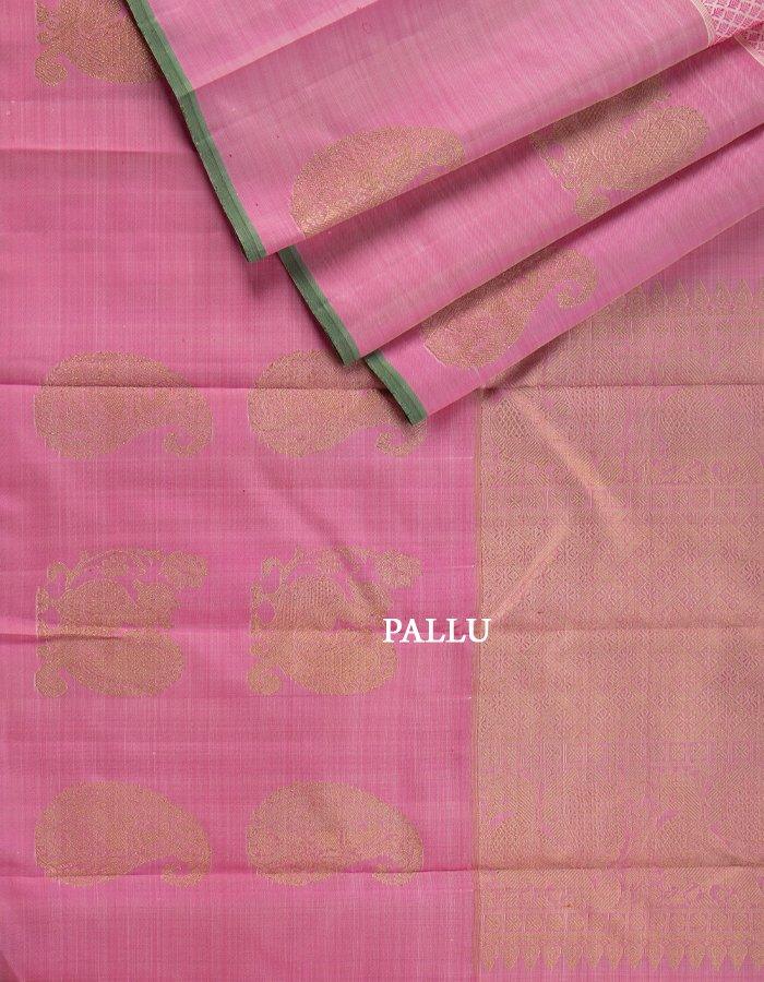 Pink And White Thread Woven Silk Saree With Long Pink Border - Kumaran Silks