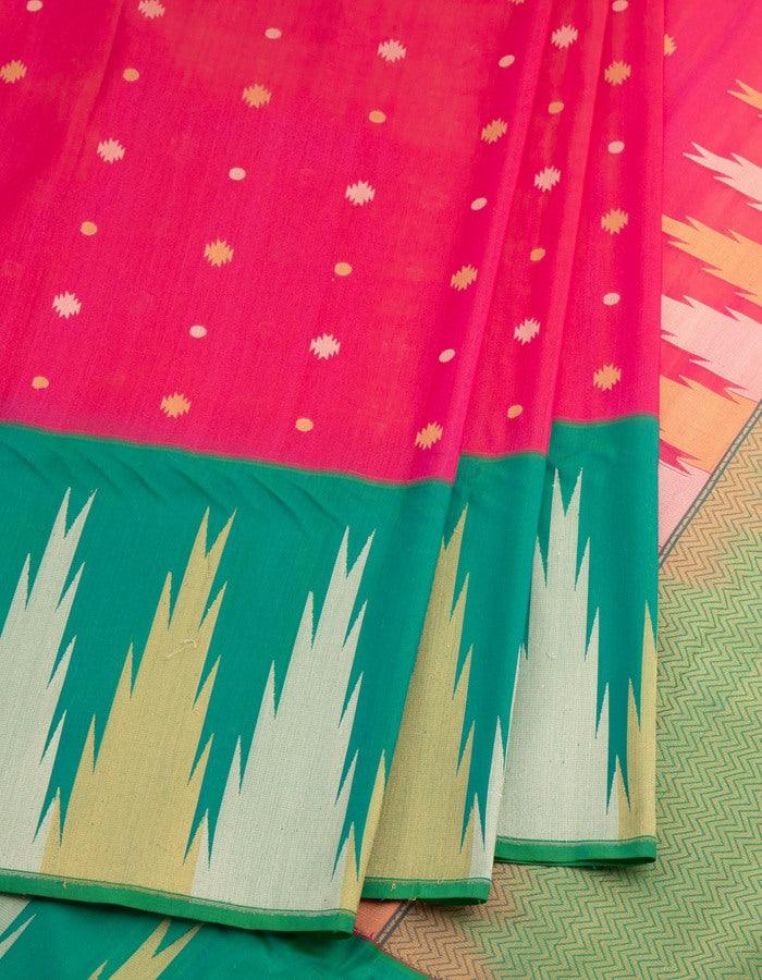 Pink Banarasi Silk Saree With Silver And Temple Gold Zari Border - Kumaran Silks