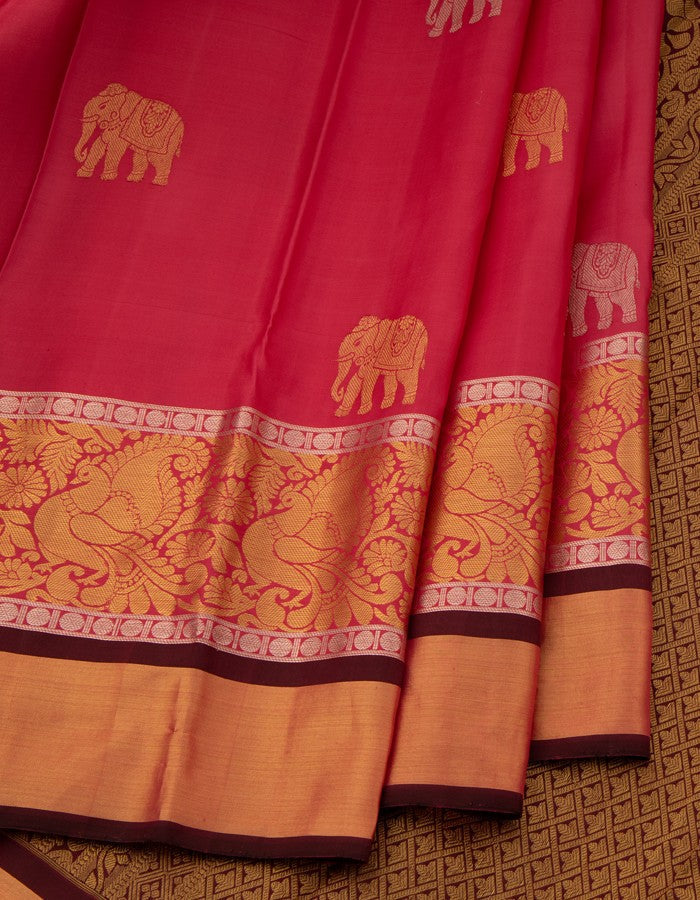 Pink Silk Saree With Elephant Motifs And Grand Border - Kumaran Silks
