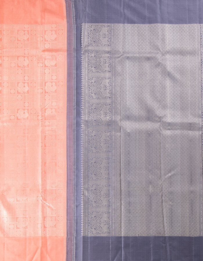 Pink Silver Zari Worked Silk Saree With Plain Pink Silk Border - Kumaran Silks