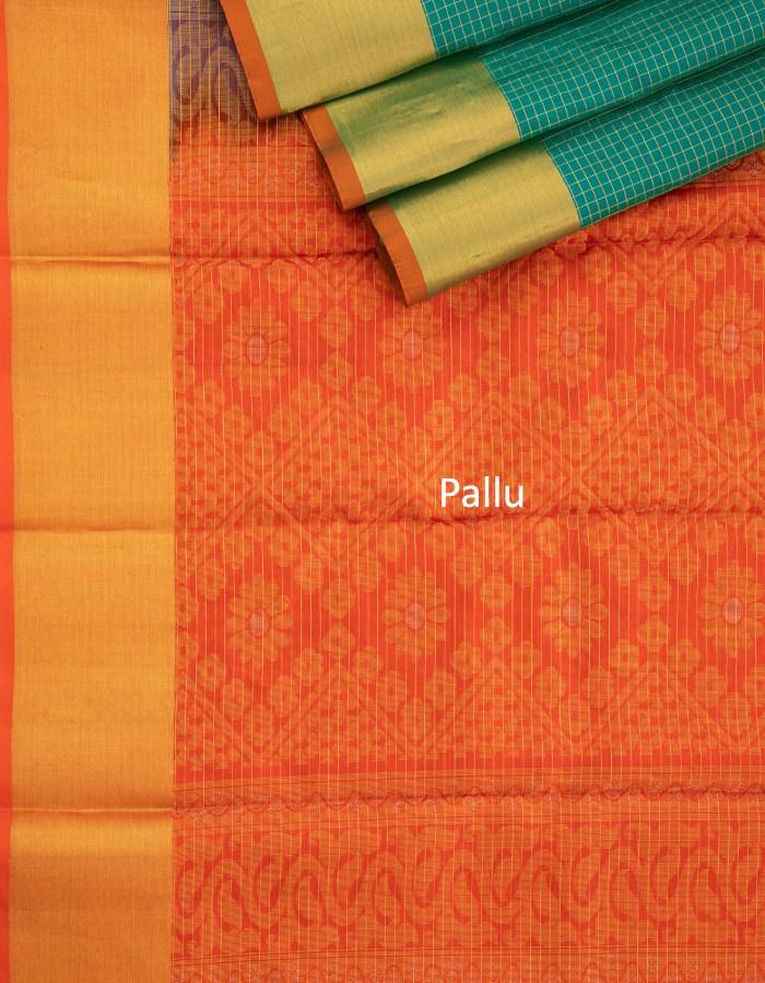 Teal Shaded Soft Silk Saree With Orangish Red Pallu - Kumaran Silks