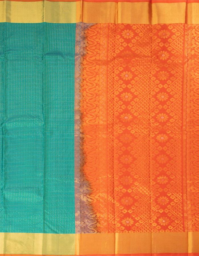 Teal Shaded Soft Silk Saree With Orangish Red Pallu - Kumaran Silks