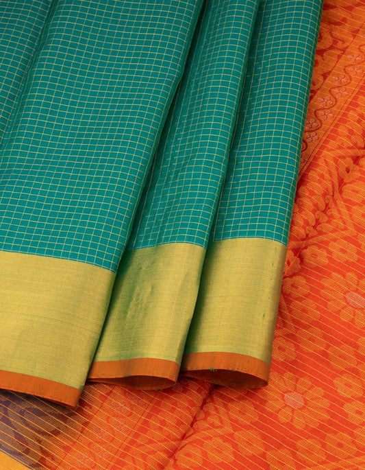 Teal Shaded Soft Silk Saree With Orangish Red Pallu - Kumaran Silks