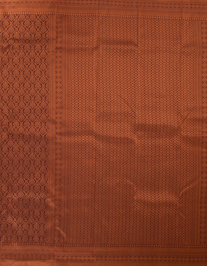 Traditional Brown Brocade Silk Saree With Printed Motifs Over The Body Kumaran Silks
