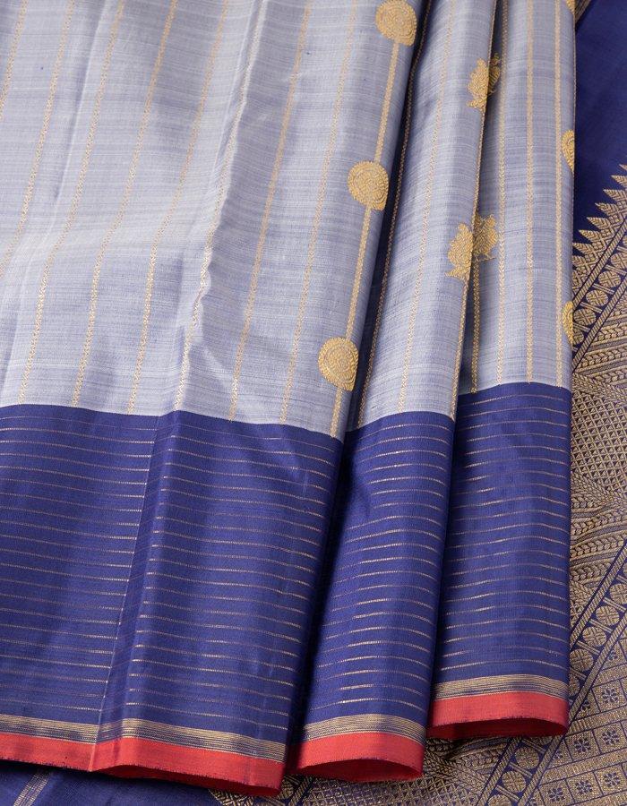 Vertically Striped Grey Silk Saree With Horizontal Zari Stripes - Kumaran Silks