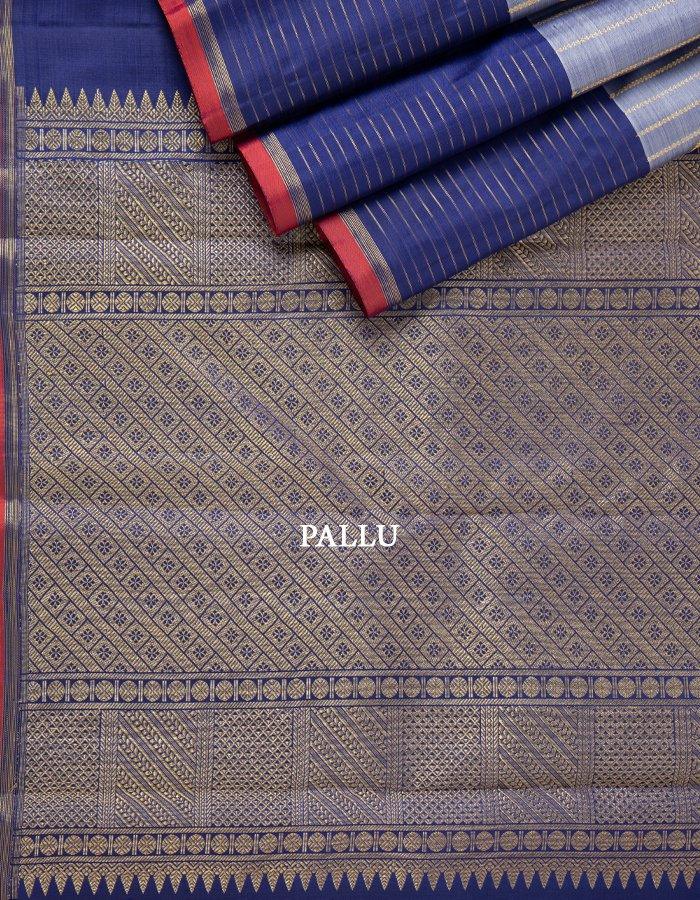 Vertically Striped Grey Silk Saree With Horizontal Zari Stripes - Kumaran Silks