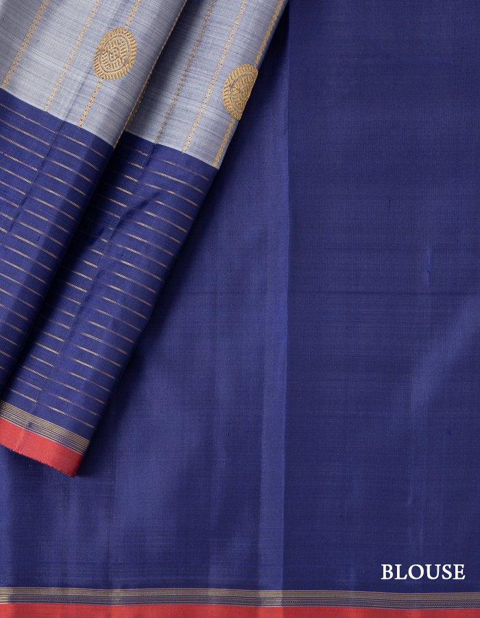 Vertically Striped Grey Silk Saree With Horizontal Zari Stripes - Kumaran Silks