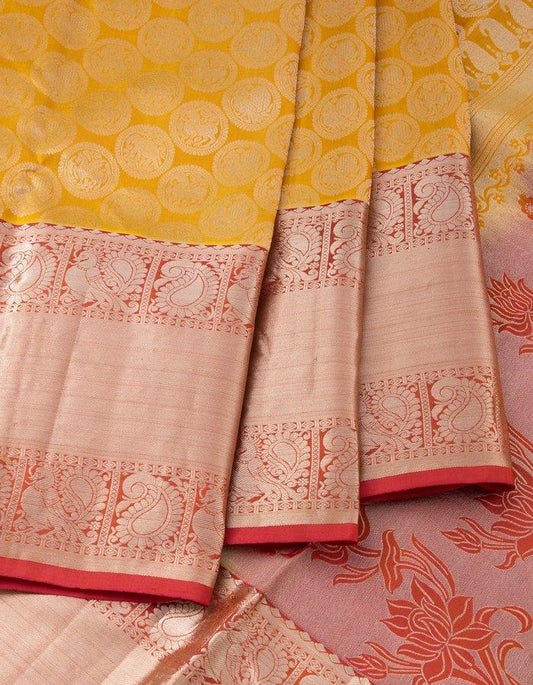 Yellow Silk Saree With Silver Round Motifs On Body - Kumaran Silks